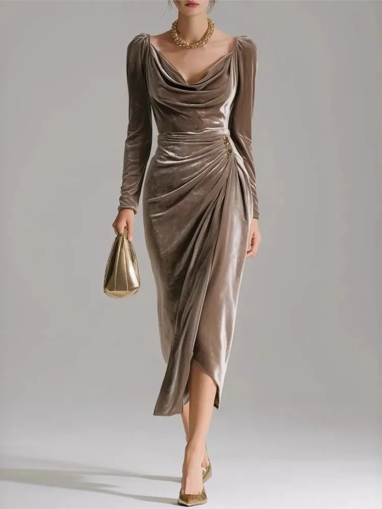 

New Sexy Velvet Dress With Long Sleeves Slim Pleated Spring Summer Women's Casual Long Slit Hip Dress Elegant Party Dresses