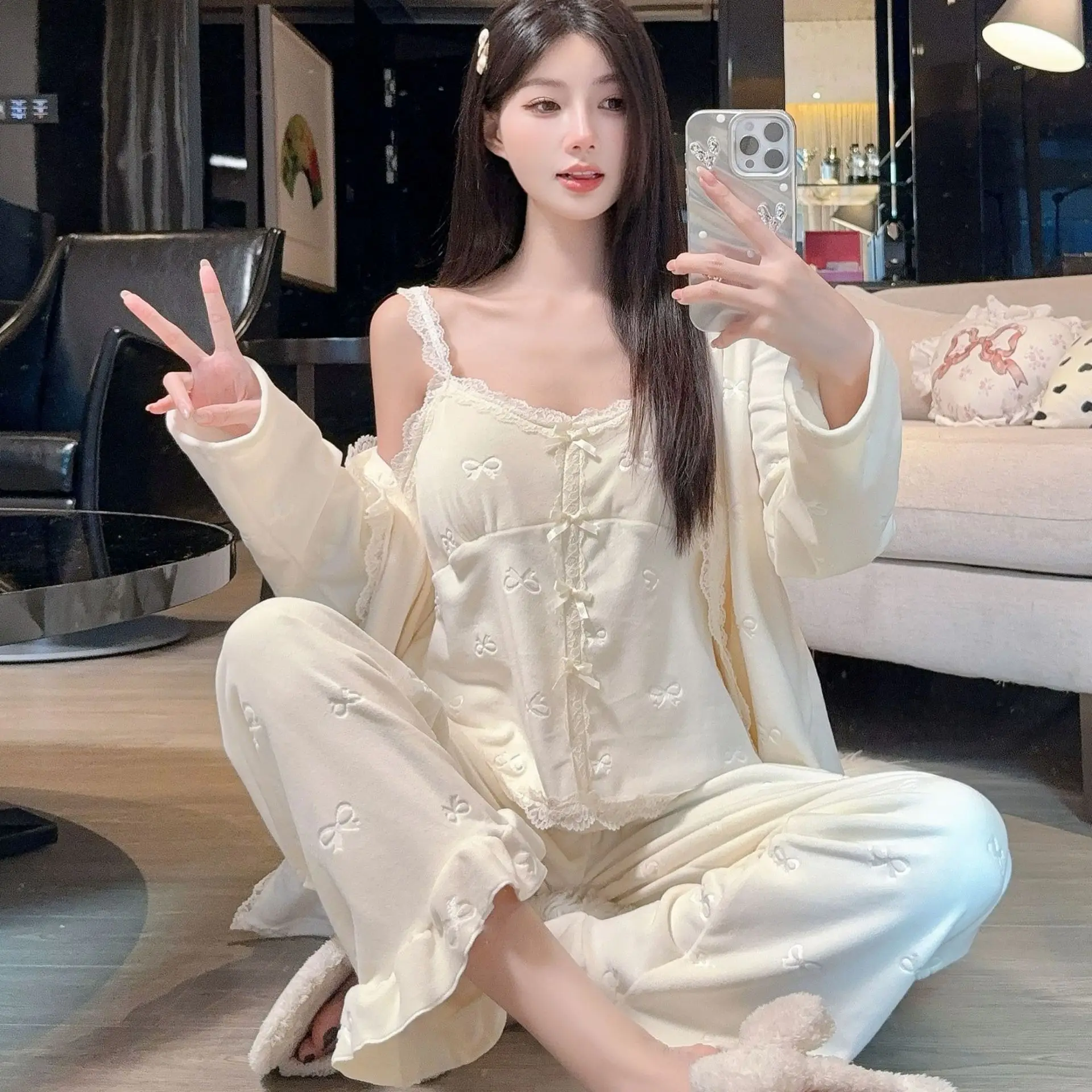 

Velvet Women's Pajama Sleepwear Autumn Winter Shirt Sling Trouser Suits Femme Elegant Loose Velour 3Pcs Home Wear Loungewear