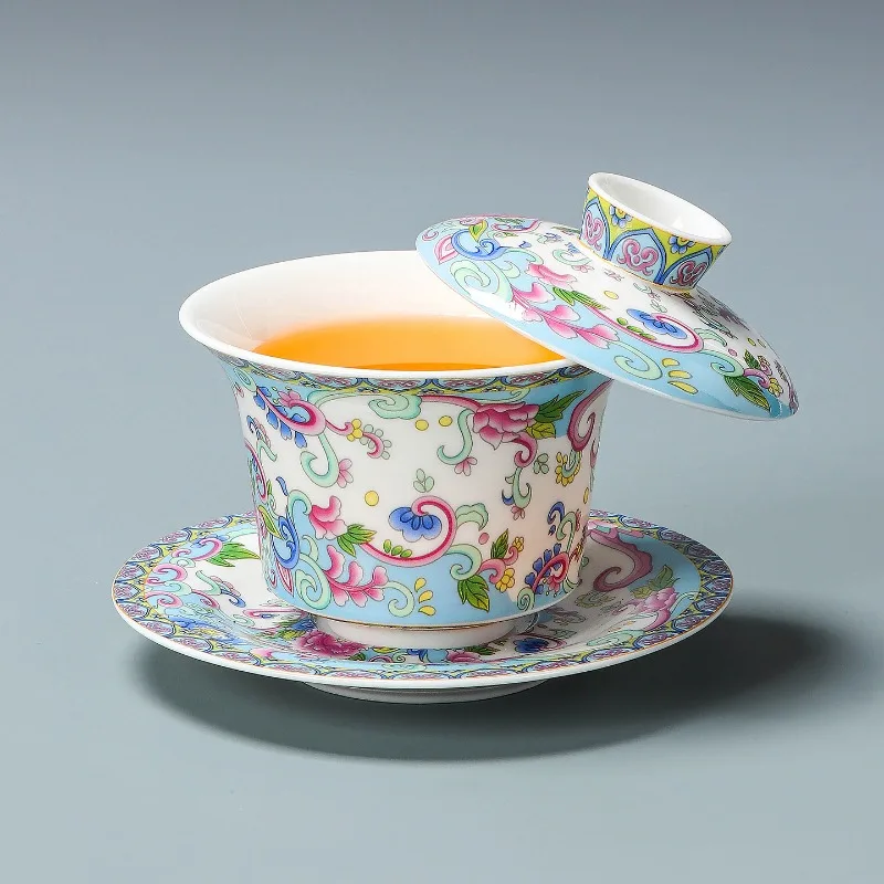 Premium Elegant Handmade Enamel Peony Porcelain Three Pieces Gaiwan Self Balancing Lid Kung Fu Tea Bowl Set for Home Office Desk