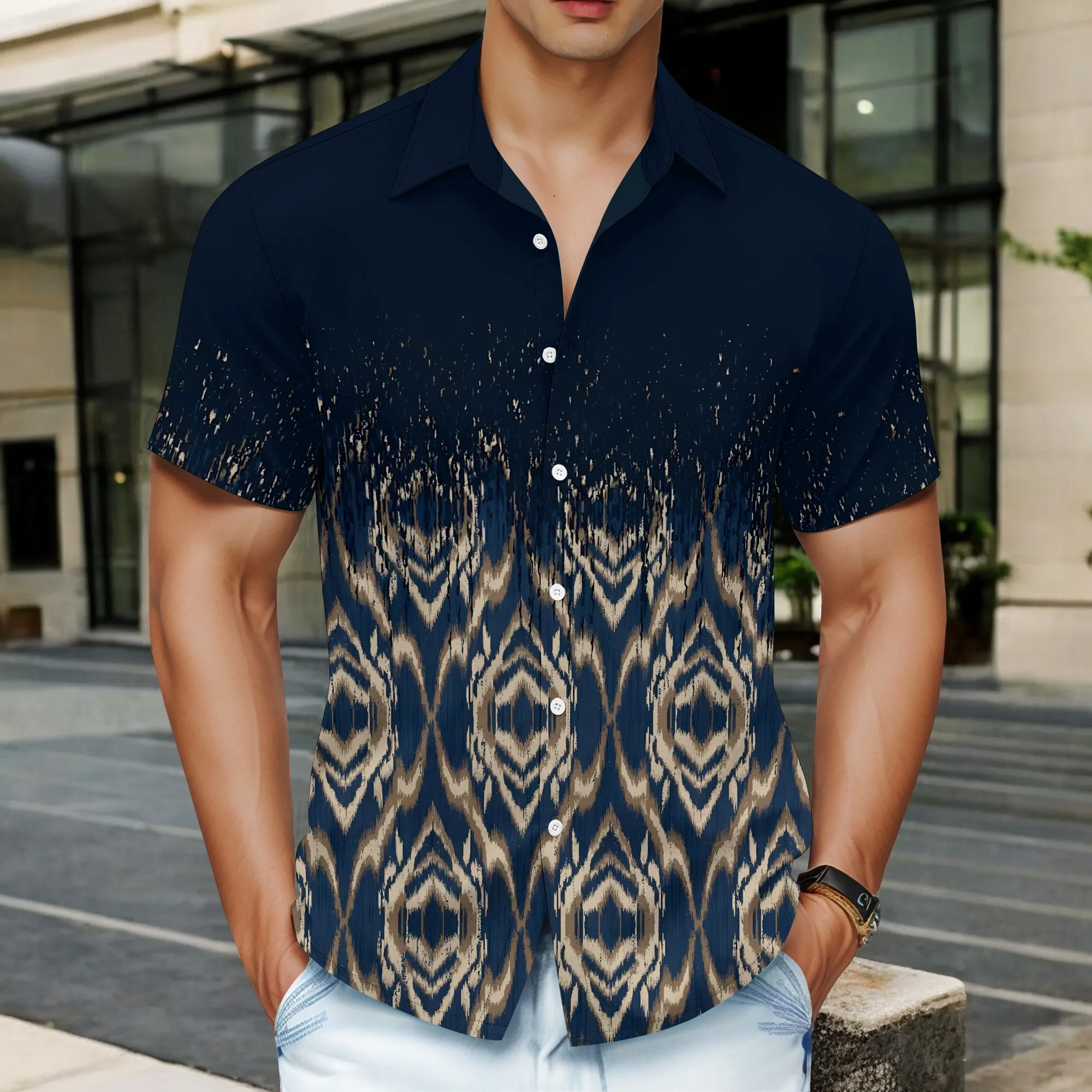 

YEAE Ikat Diamond Pattern Print Shirt for Men Summer Casual Short Sleeve Top