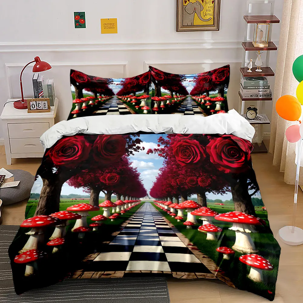 Red rose trees and mushroom path Print Bedding Set 1 Duvet Cover 2 Pillowcases for Adult and Children Luxury Gift Full Size