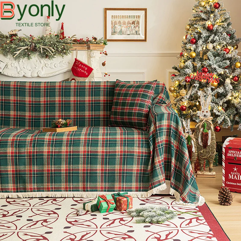 

Christmas Plaid Sofa Towel American Retro Multi-purpose Blanket Anti Slip Sofa Cover Cloth Towel Blanket Decoration Finished