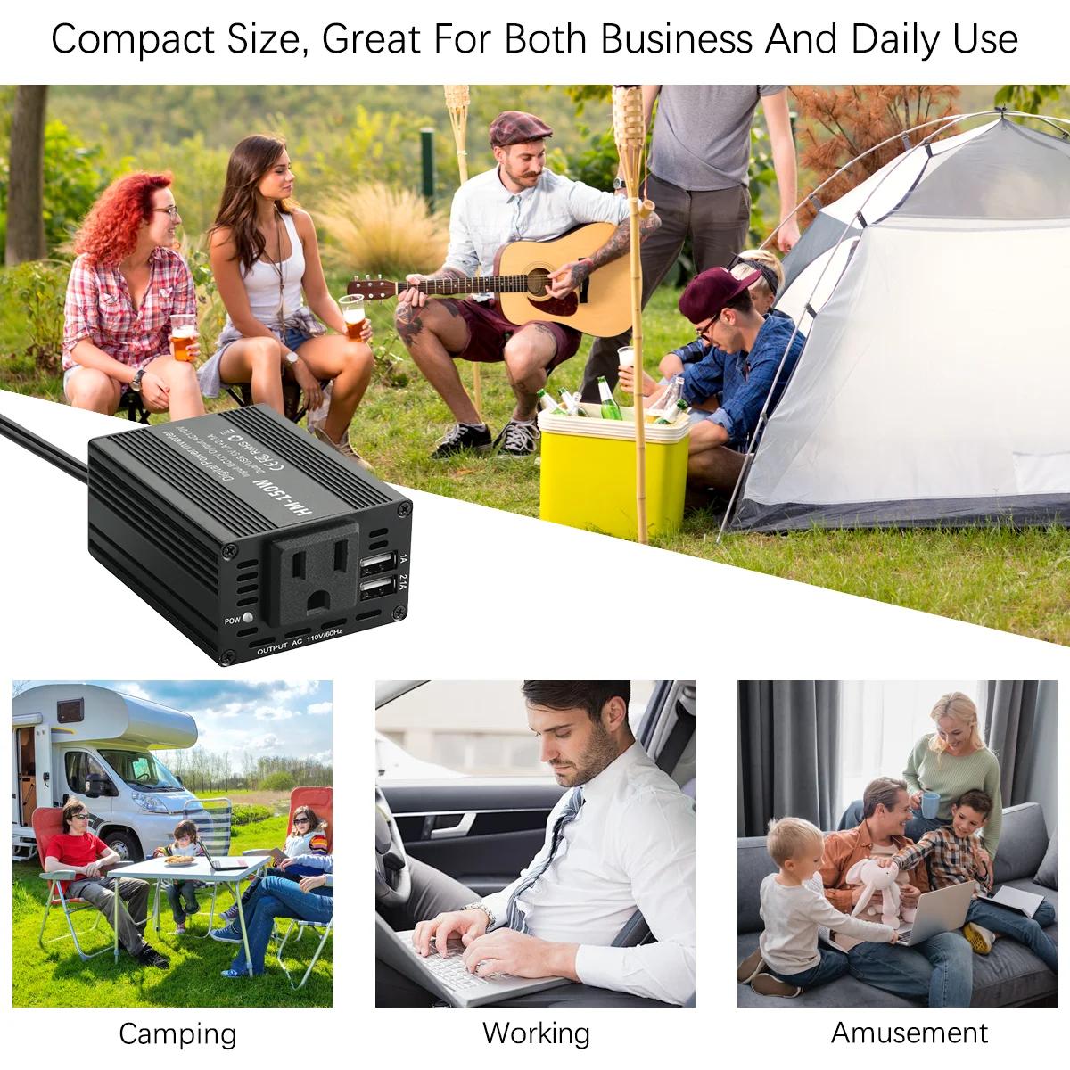 Car Power Inverter 150W Pure Sine Wave US Socket Output 110V 1A /2.1A USB Port Fast Charging Voltage Adapter Multi-function