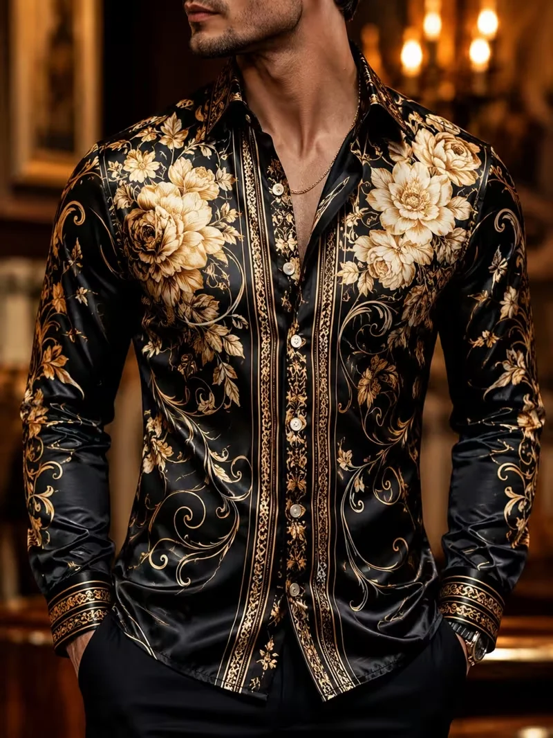 New Men's Purple Gold Phoenix National Style Curly Grass 3D Printed Long Sleeve Shirt Smooth High Gloss Collar Top