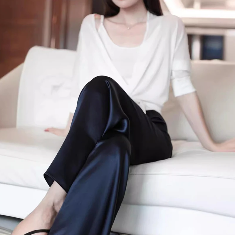 

Women High-grade Acetic Acid Satin Wide-leg Pants Summer Thin Satin Palazzo Pants Streetwear Loose Fit Straight Trousers