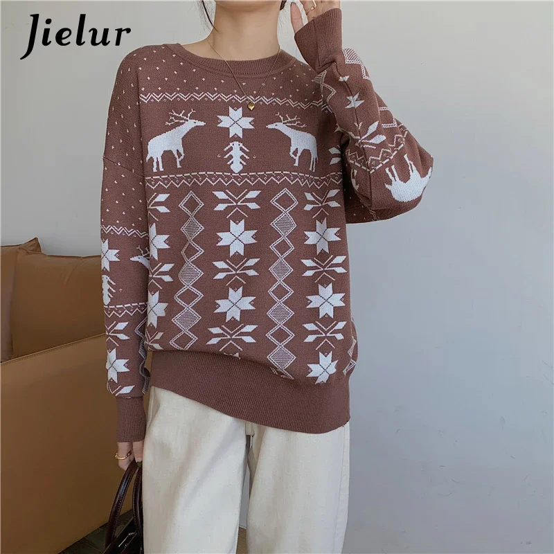 

Jielur Round Collar New Style Christmas Sweater Women Red Bottoming Sweaters Autumn Winter Female Clothes Cartoon Deer Pullovers