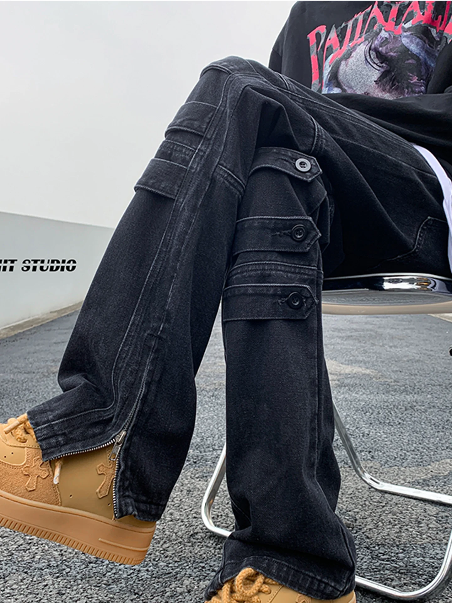 

Spring Autumn Men's Casual High Street INS Trendy Brand Bell Bottoms Design Straight Leg Jeans Wear Resistant mid Waist Zipper