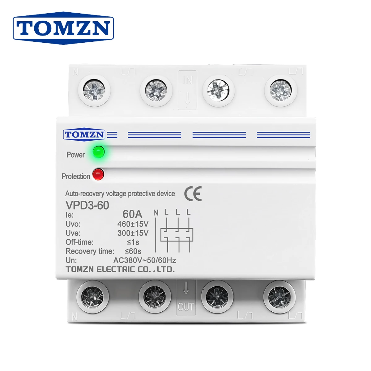 

TOMZN 60A 380V Three Phase Four Wire Din Rail Auto Recovery Reconnect Over Voltage And Under Voltage Protective Protection Relay
