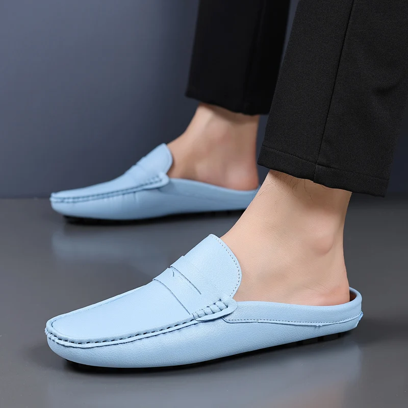 Fashion Design Half Shoes For Men Flat Loafers Summer Comfortable Leather Casual Shoes Man Slippers Lightweight Men's Lazy Shoes