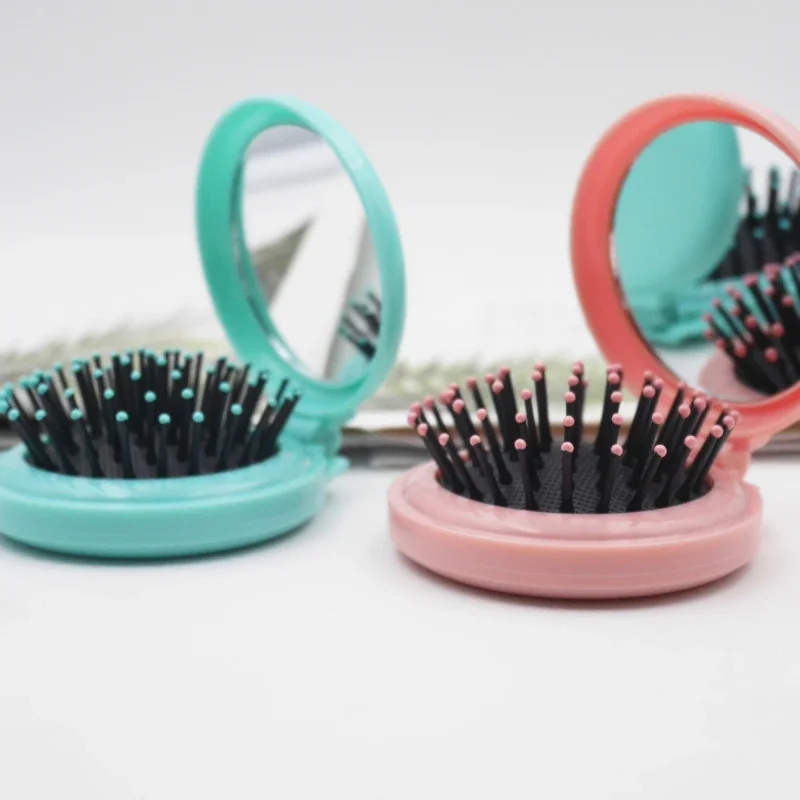 Women Portable Round Pocket Small Travel Massage Hair Brush with Mirror Mini Pocket Mirror Folding Comb Girls Styling Tools Blue