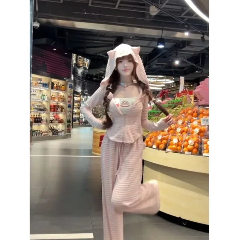 핑크 스트라이프 토끼 귀 후드 자외선 차단 가디건 캐주얼 캐미솔 재킷 가을 조끼 3종 세트 여자 신상 의류