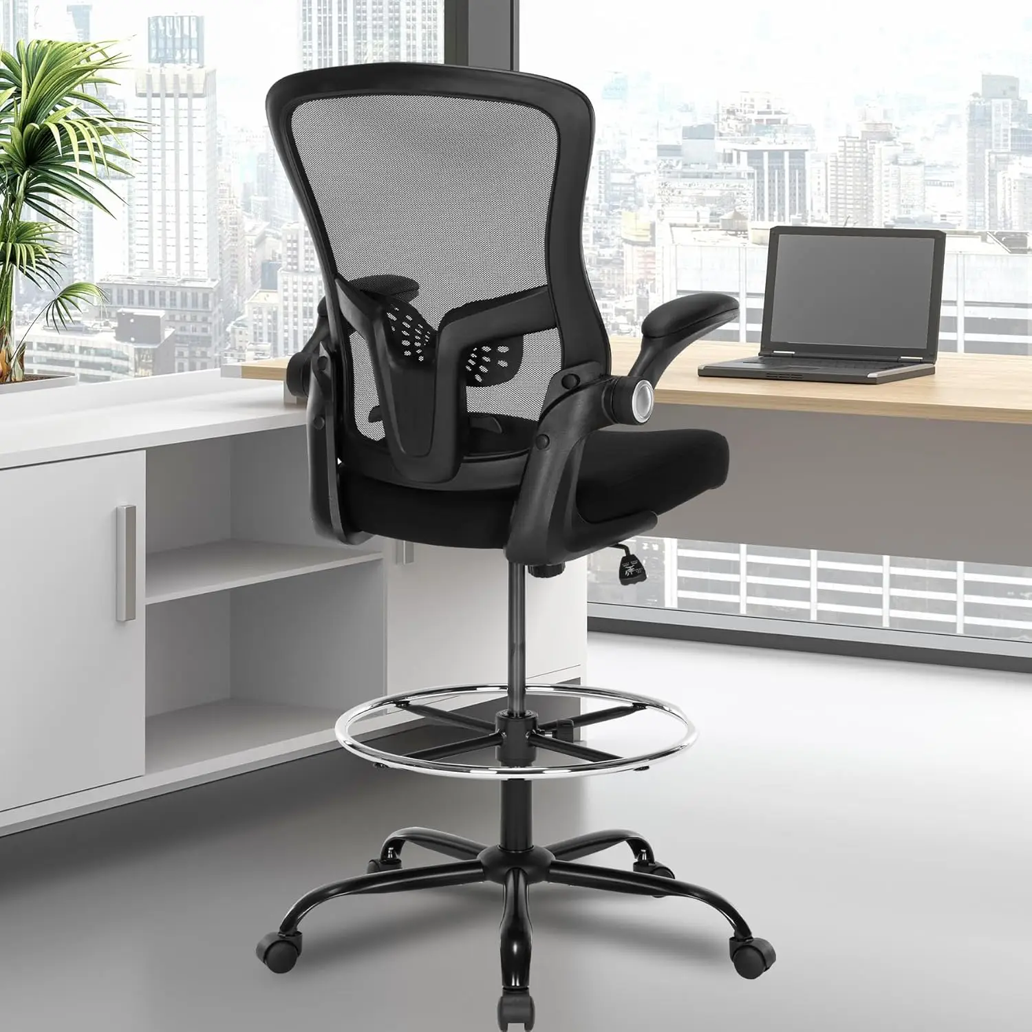 Drafting Chair,Ergonomic Tall Office Chair,Standing Desk Chair with Adjuatable Height,Mesh High Chair with Foot Rest, Black