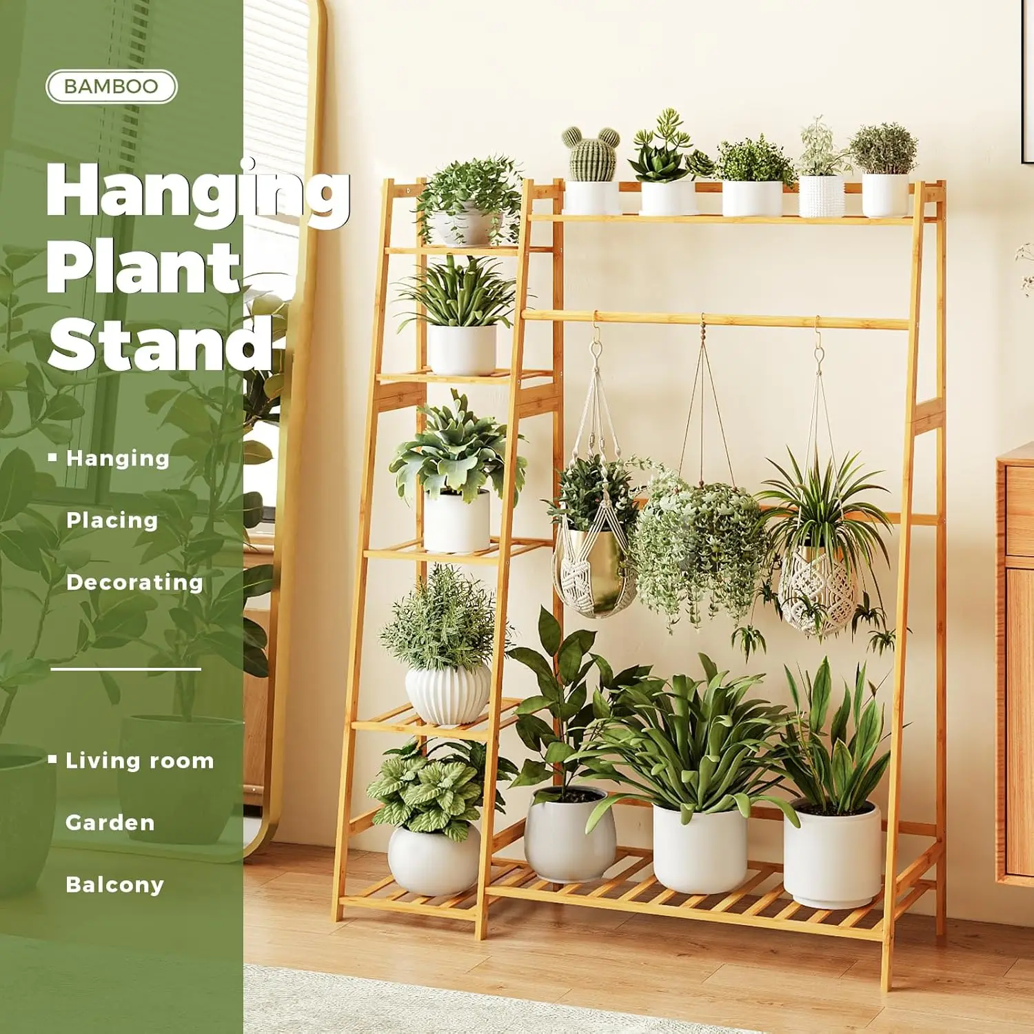 Hanging Plant Stand Indoor, Bamboo Large Plant Shelf for Multiple Plants, Tall Ladder Coat Flower Rack for Window Garde