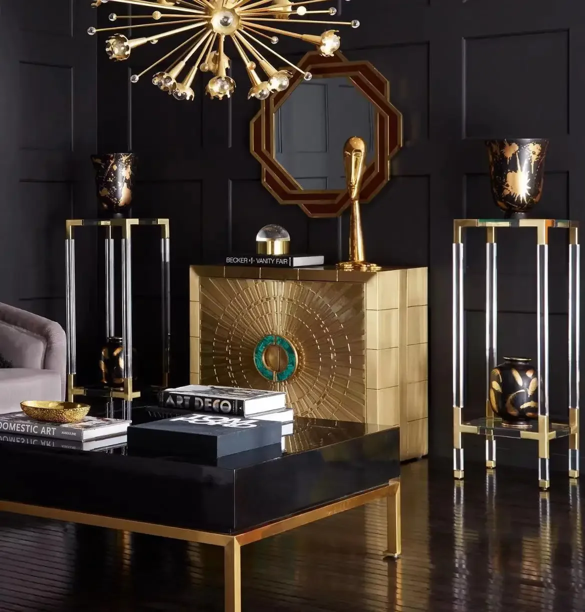 -Jonathan Adler Talitha Cabinet Luxury Gold Metal Solid Wood Sidebord With Shining Jewel-Like Door