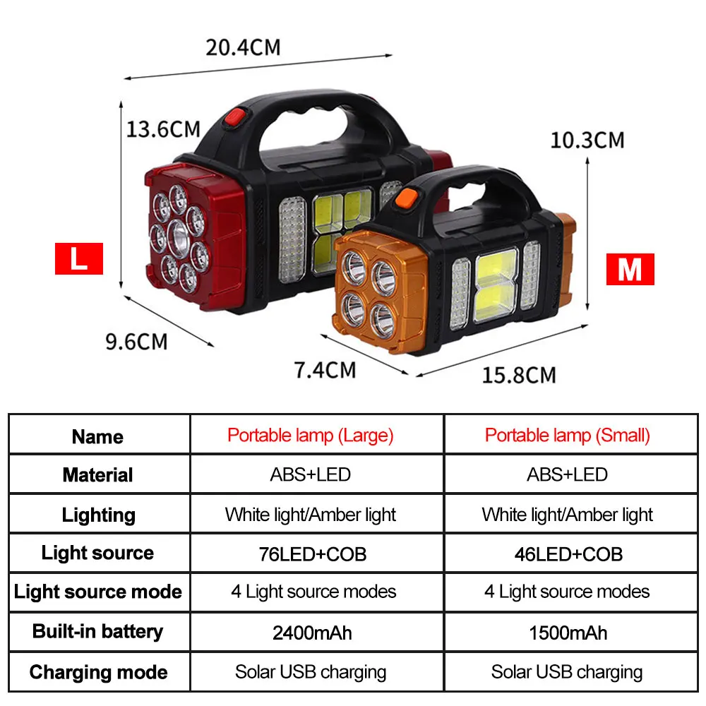 Solar Led Zaklamp Usb Oplaadbare Spotlight Zoeklicht Met Side Licht Camping Wandelen Handheld Lamp