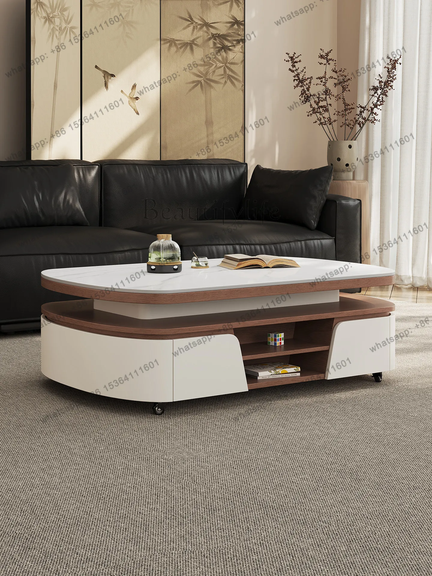 PG intelligent electric lifting rock slab coffee table dining table dual-purpose household two-in-one tea table antique movable