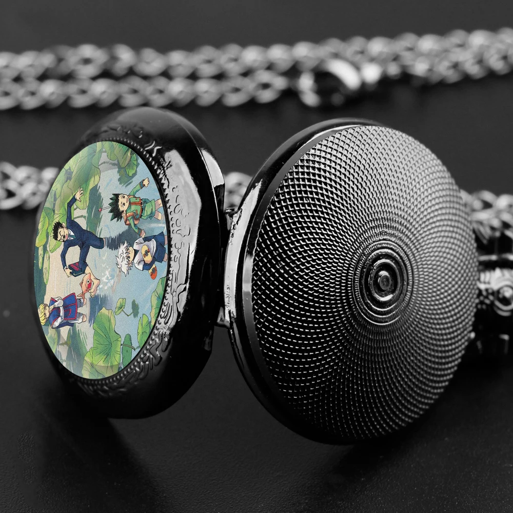 Hot Anime Hunter X Hunter Glass Dome Pocket Watch with Chain Necklace Vintage Quartz Pendant Watches Mens Women Gifts for Kids