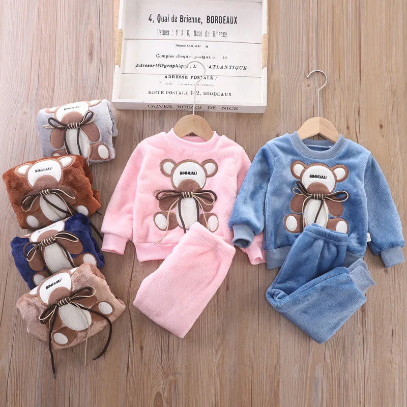 Baby Boys Girls Clothing Set Thicken Fleece Children Pullover Outerwear Tops Pants 2PCS Outfits Kids Toddler Warm Costume Suit