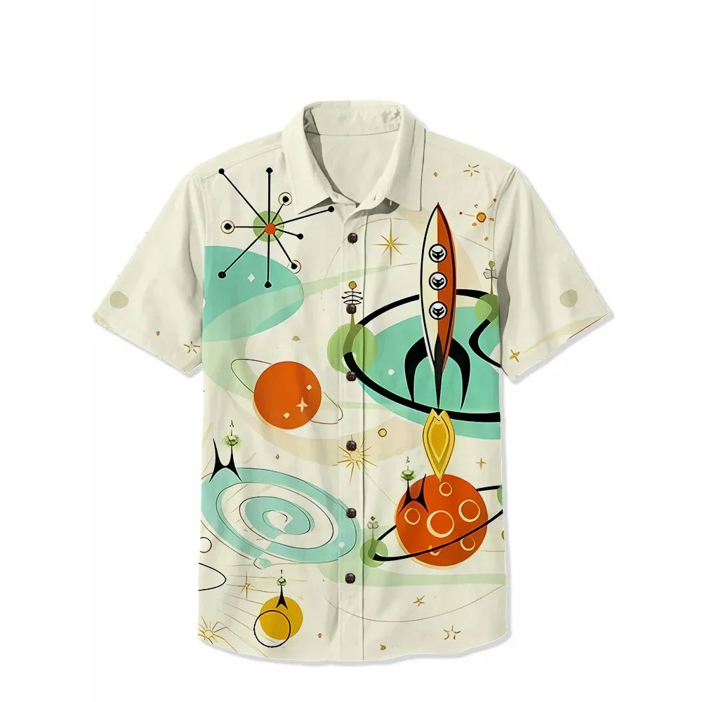 1950s Atomic Spaceship 100% Cotton Shirts Retro Fishing Men's Hawaiian Shirt Summer Short Sleeve Button Down Shirt Tropical Tops