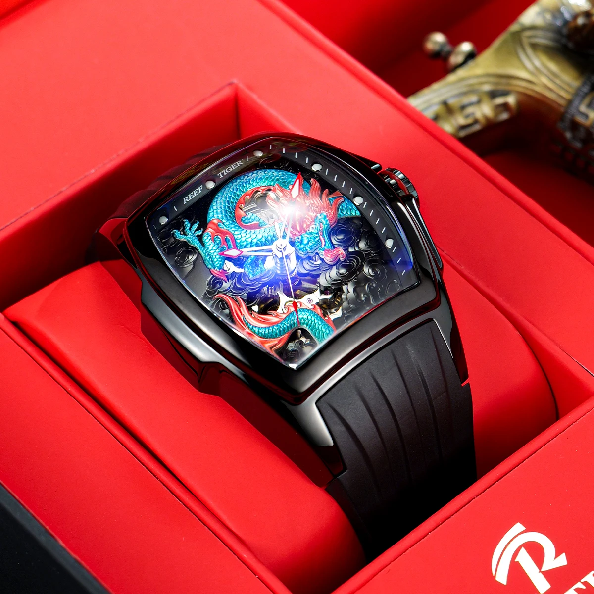 REEF TIGER Men’s Luxury Tonneau Skeleton Dragon Dial Mechanical Automatic Watch Self-Winding Lumious Waterproof reloj de hombre