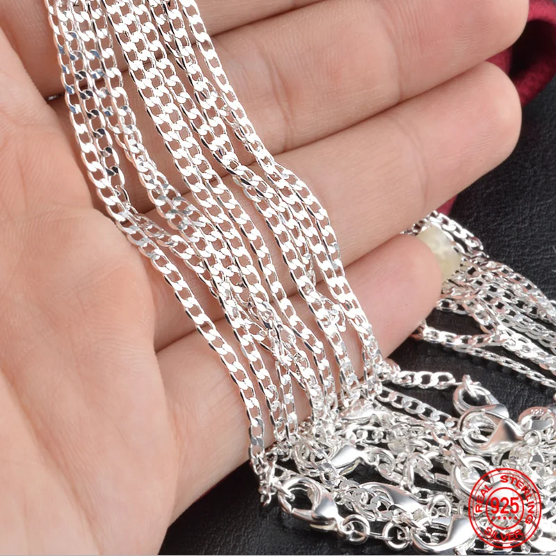 925 Sterling Silver 2MM Flat Necklace Chain For Women Men Fashion Wedding Party Jewelry Gift