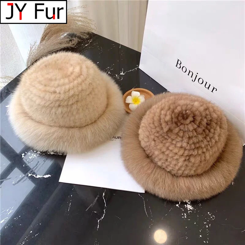 

Mink Fur Knitted Bucket Caps Autumn Winter Women Real Fox Fur Thick Warm Hats 2024 Fashion Outdoor Hats Beanies For Women