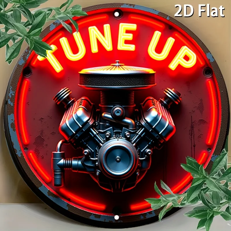 Vintage Neon Engine Round Aluminum Sign - 20.32x20.32 cm Retro Industrial Metal Wall Art, Home, Garage, Cafe, Bar, Restaurant