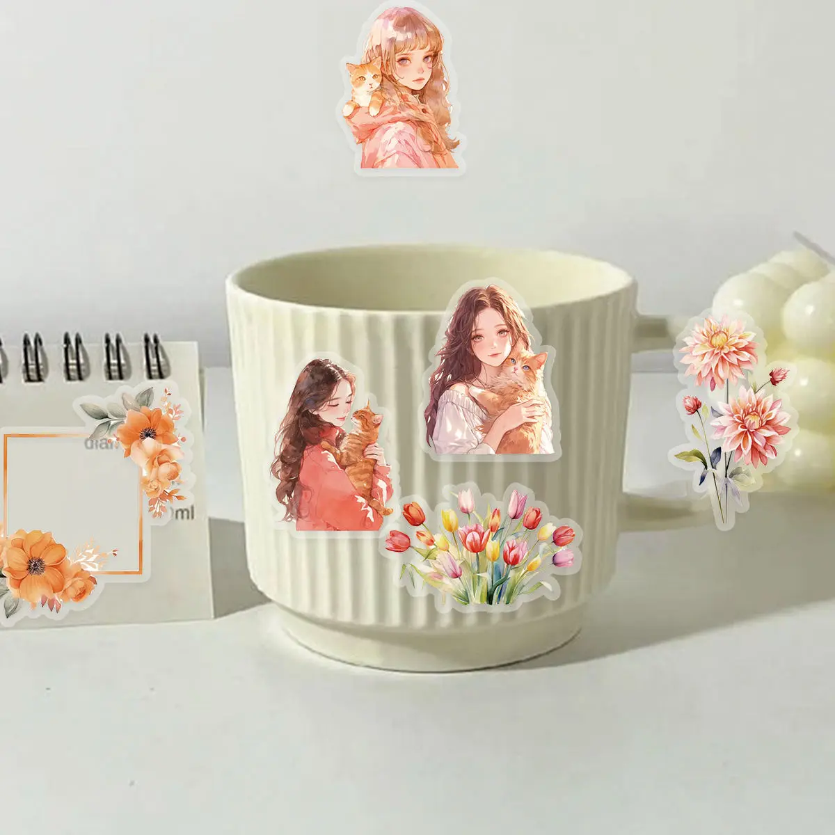 30pcs Warm Colored Cat Girl Flowers With Various Styles Of PET Waterproof Collage DIY Stationery,Cups,Gift,Decoration Stickers