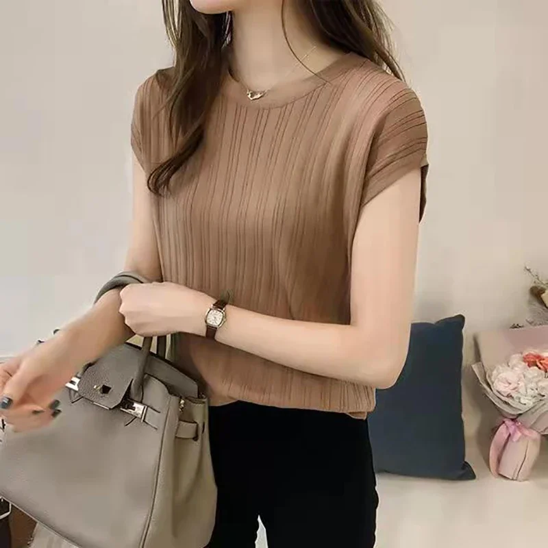 Women's Knitted T-shirts O-Neck Cap Sleeves Pullovers Casual Tees Summer Basic Lightweight Rib-Knit Tops