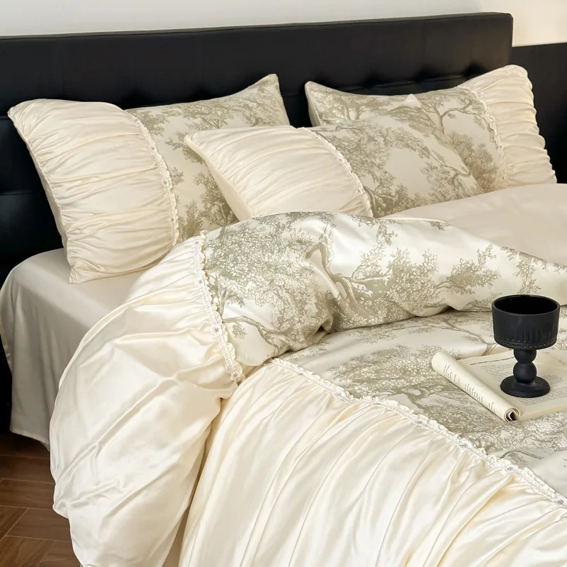 Medieval French Retro Plant Flower Printing Four-piece Set Class A Silky Bedding Quilt Cover Bed Sheet Pillowcases Bedding Set