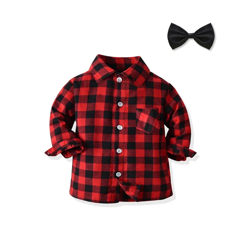 Spring Baby Toddle Boy Girls Cotton Clothes Kid Lapel Plaid Single Breasted Shirts Top Children Full Sleeve Formal Coat with Tie