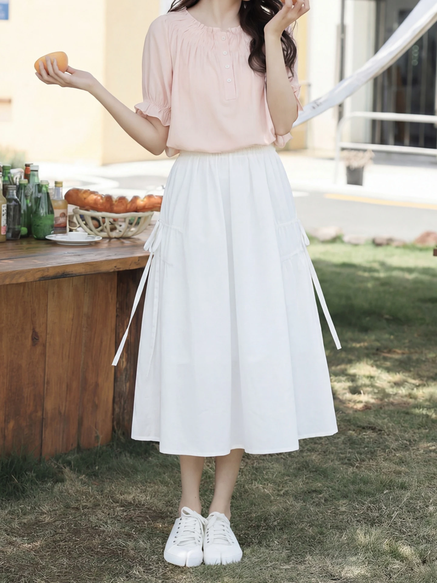 

White A-Line Midi Skirt Women's Summer New Gentle Pleated High Waist Loose Fit Korean Style Half-length Skirt by Me Ning