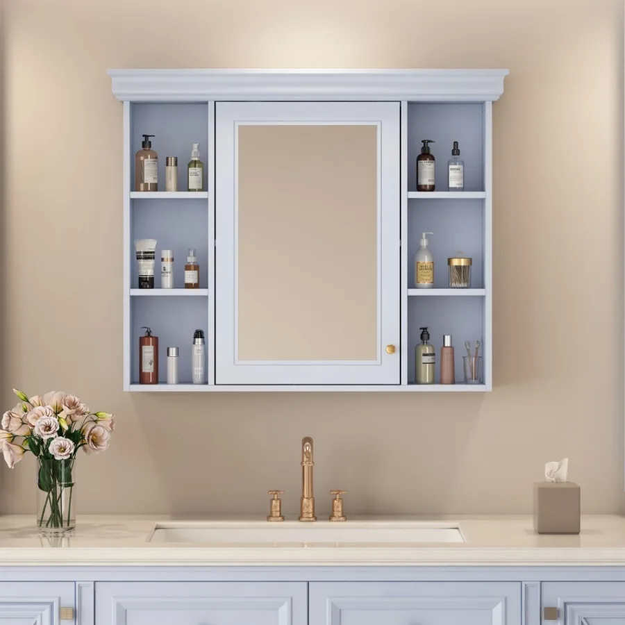

35'' x 28'' Blue Wall Mounted Bathroom Storage Cabinet with Mirror Door Modern Bathroom Wall Cabinet with Mirror Medicine Cabin