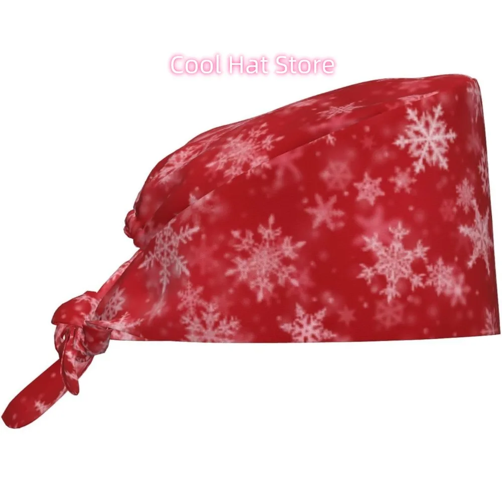 1pc Adjustable Scrub Cap with Sweatband - Lightweight 100% Hat, Red with Snowflake Pattern & Adjustable Tie Back Closure, Multi-