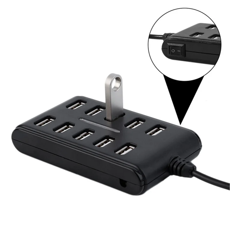 Cabo de extensão de alta velocidade, Adaptador USB 2.0 Hub para Laptop, 10 portas