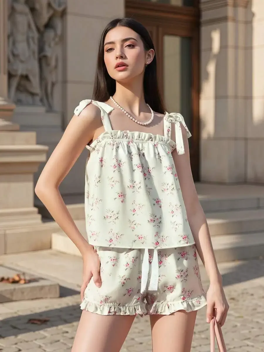 

Floral Print Sleeveless Cami Top And Shorts Pajama Set Loungewear Sleepwear