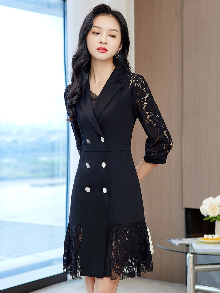 

Formal Occasion Party Dress For Women Summer Double breasted Elegant Lace Blazer Dresses Ladies Prom Robe Office Work Clothing