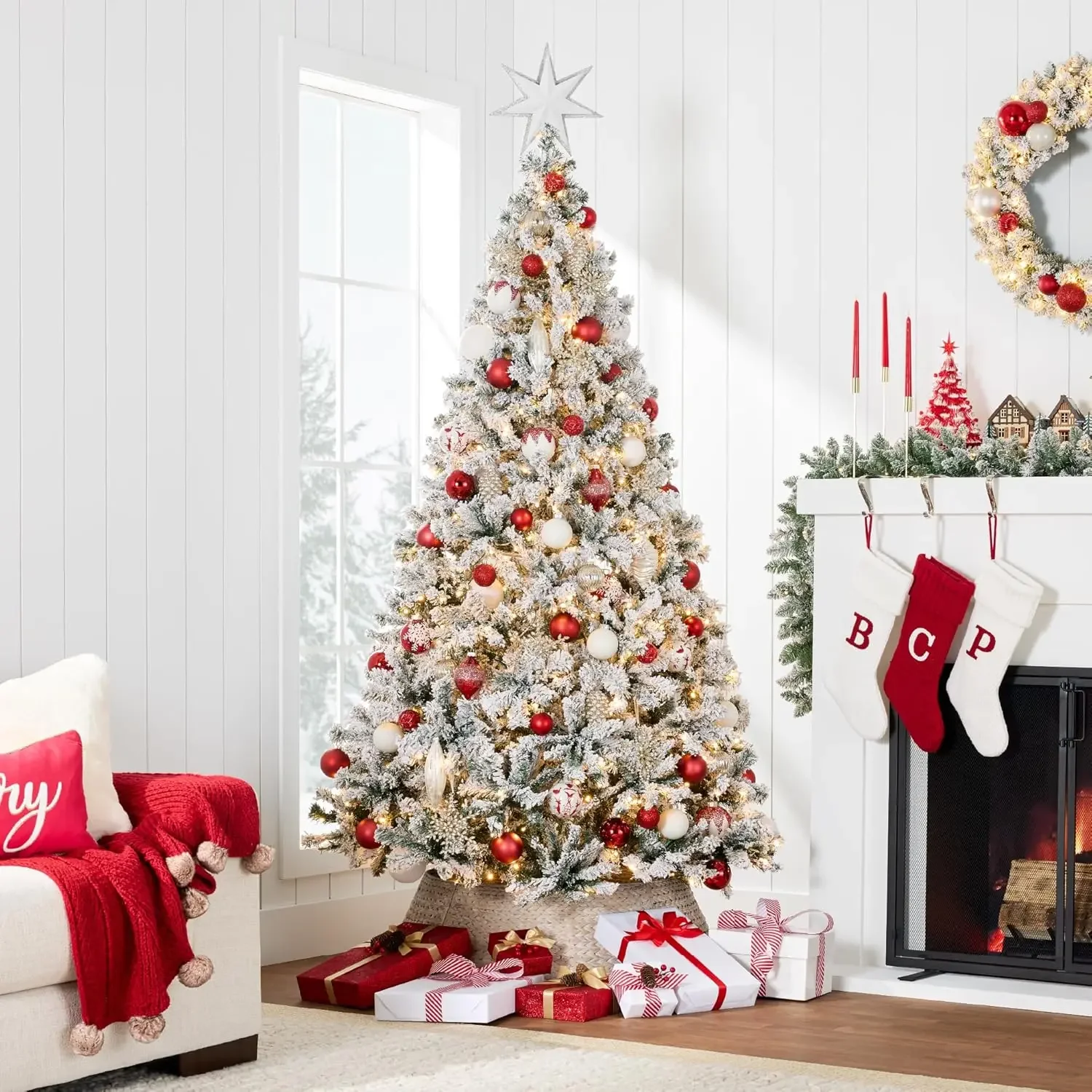 Products Pre-Lit Artificial Christmas Tree, 6ft Snow Flocked Design Pine Tree, Full Appearance Snowy w/Easy Assembly