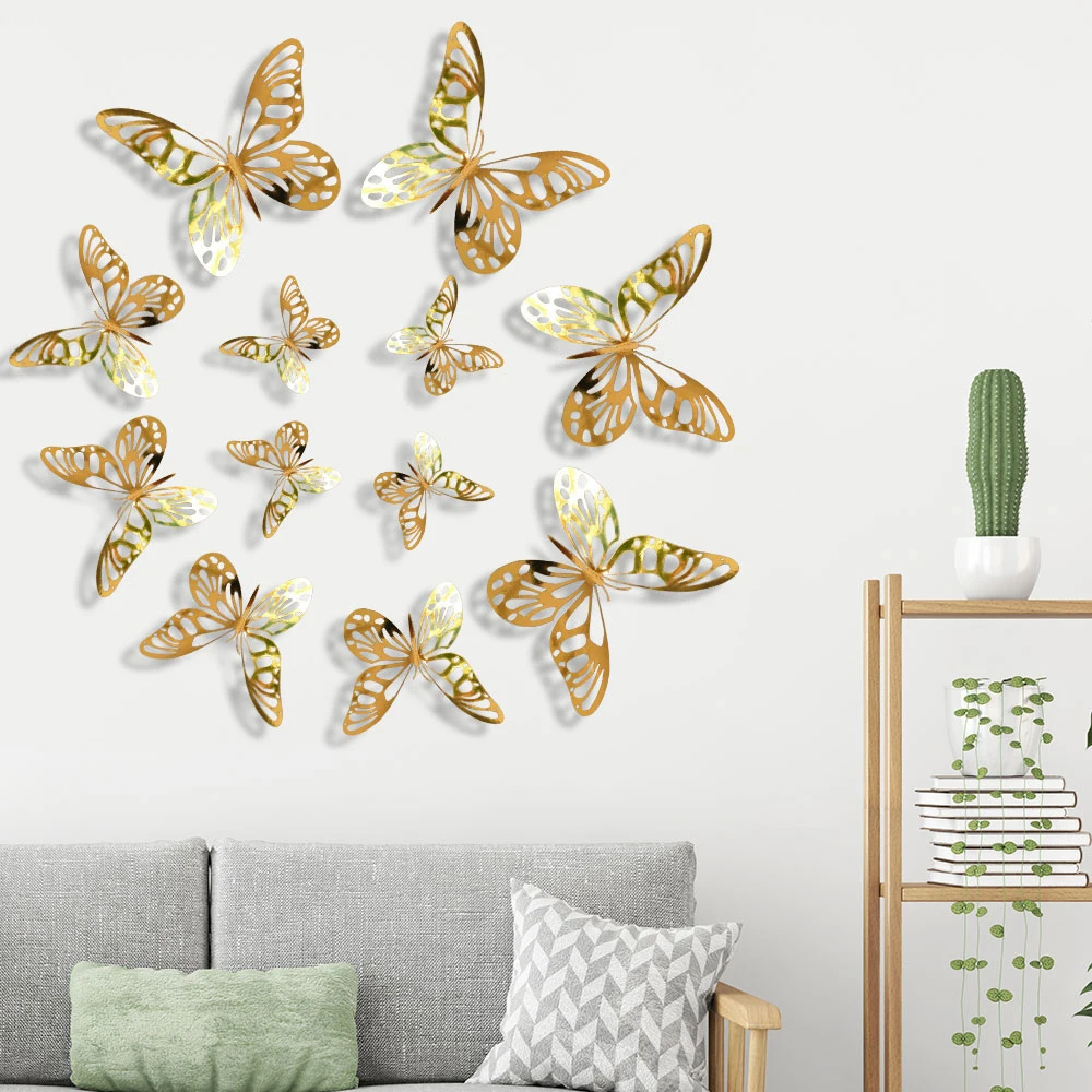 Juego de pegatinas 3D de mariposa, conjunto de adhesivos agujereados para realizar decoración de paredes del hogar, habitación de niños, nevera, 12