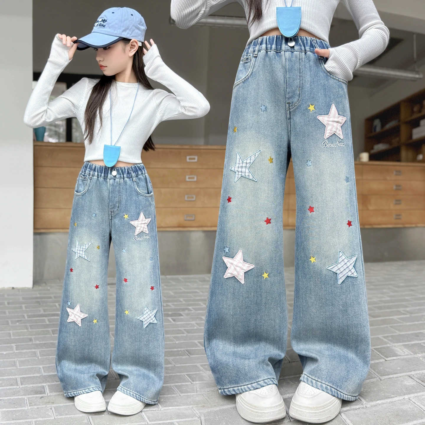 

Spring Autumn Kids Girl High Street Y2K Jeans with Stars American Teenage Children Fashion Harajuku Blue Denim Pants Trousers