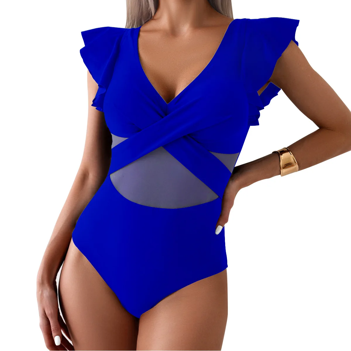 Solid One-piece Swimsuit Women Deep V-neck Ruffles Monokinis 2024 New Summer Beach Mesh Patchwork Swimwear Swimsuit Female