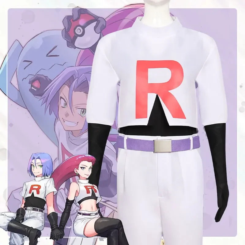 Adult Anime Game Cosplay Costume For Halloween Party Team Rocket Jessie Musashi James Kojirou Men Suit Women Sexy White Uniform