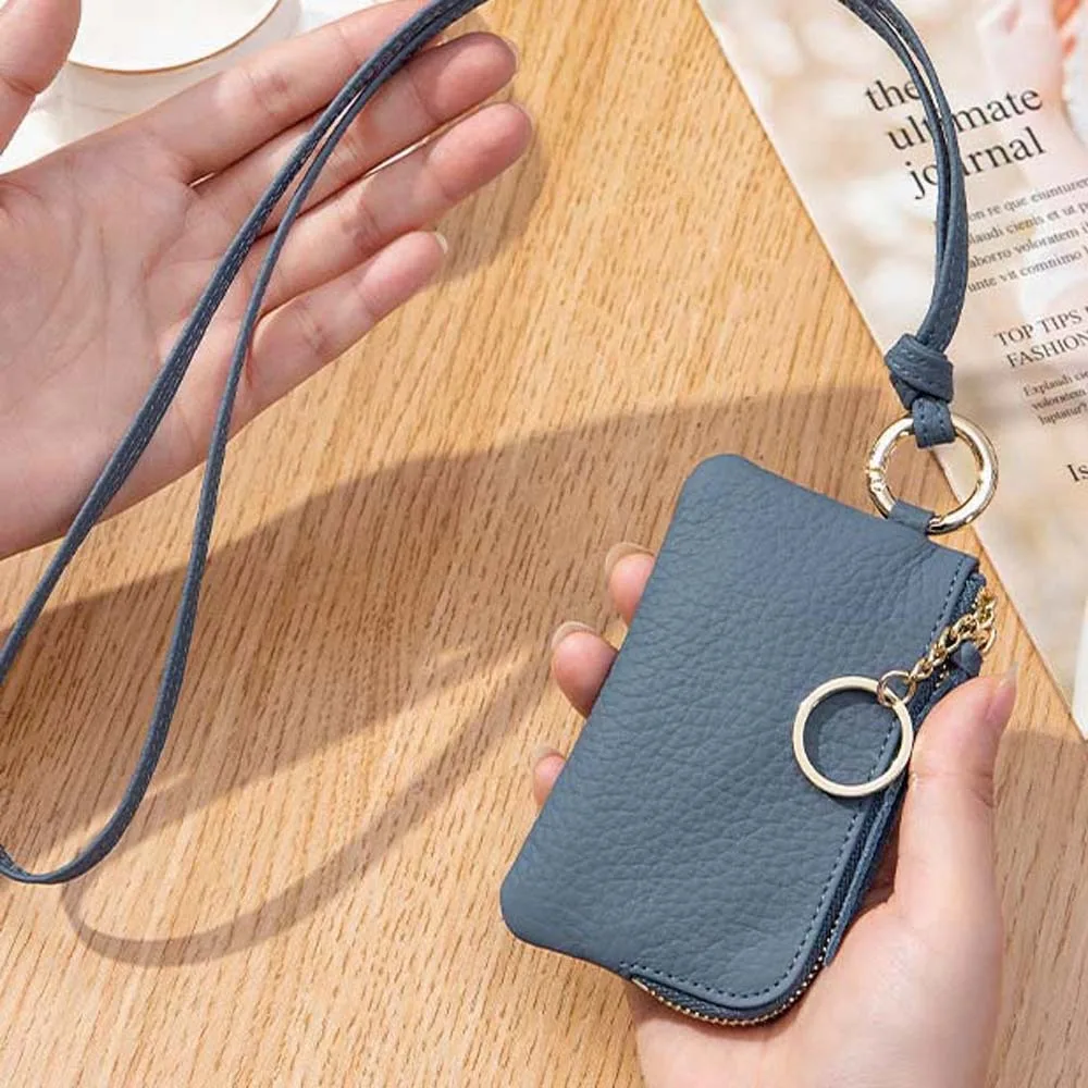 

Square Hanging Neck Coin Purse Casual with Lanyard Soft PU Wallet Solid Color Zipper Portable Card Holder Bag Accessories