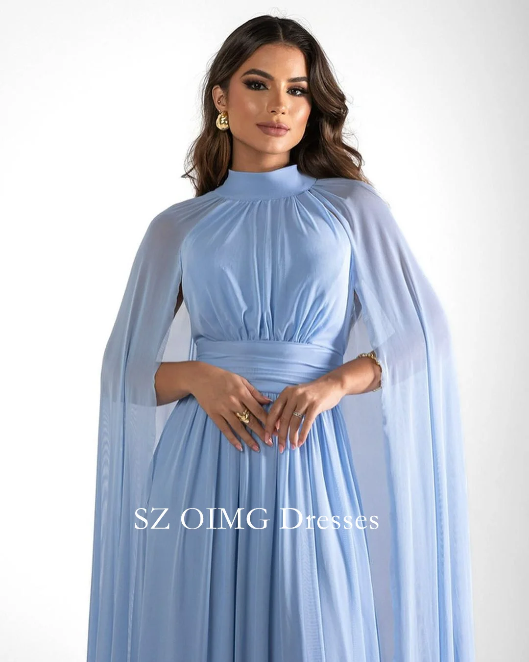 Oimg Prachtige Mode Hoge Hals Hemelsblauwe A-Lijn Prom Jurken Cape Mouwen Sexy Eenvoudige Chiffon Avondjurken Formele Feestjurk