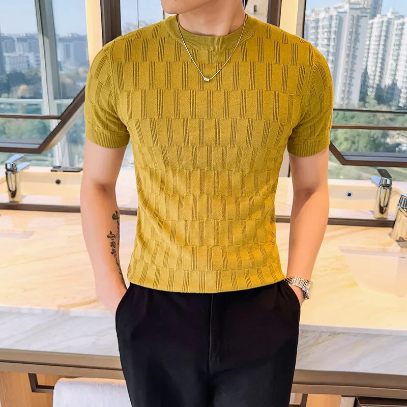 

Летняя клетчатая жаккардовая трикотажная футболка мужская с круглым вырезом и короткими рукавами вязаный пуловер Slim Fit повседневные деловые футболки JJ72