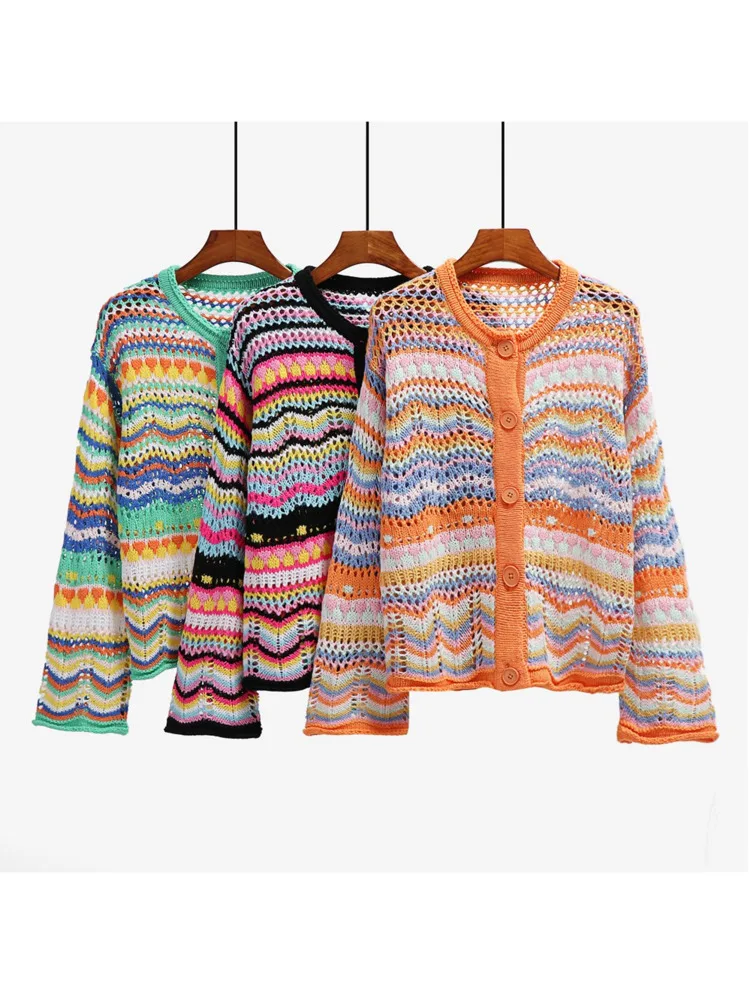 Elegant Rainbow Colored Long Sleeve Knit Cardigan Women Autumn Hollow Out Oversized Sweater Female Fashion Outerwear 2023