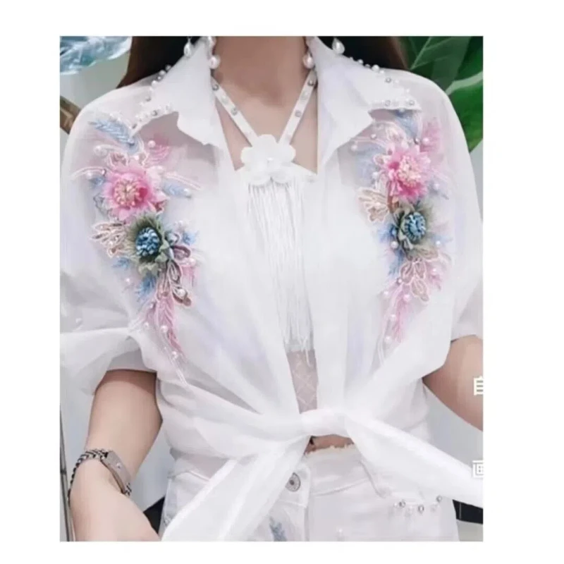 Embroidered Flares Rhinestone Flower Women\'s 2024 Spring and Autumn Spliced Polo Neck Button Elegant Long Sleeved Blouses Shirts