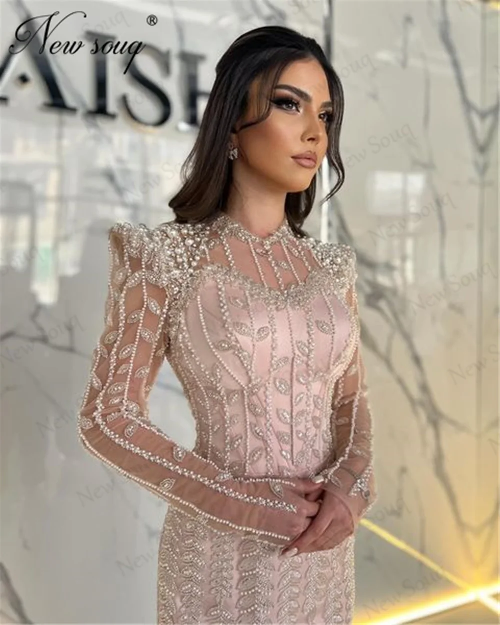 Arabic Long Sleeves Evening Dresses Elegant Mermaid Pink Mermaid Prom Dress Robes De Soiree Crystals Engagement Party Gowns 2025