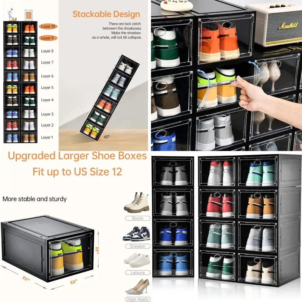 

Stackable Shoe Boxes with Clear Magnetic Door, Durable Shoe Storage for US Size 12, Gray (13.8 x 9.84 x 7.1)