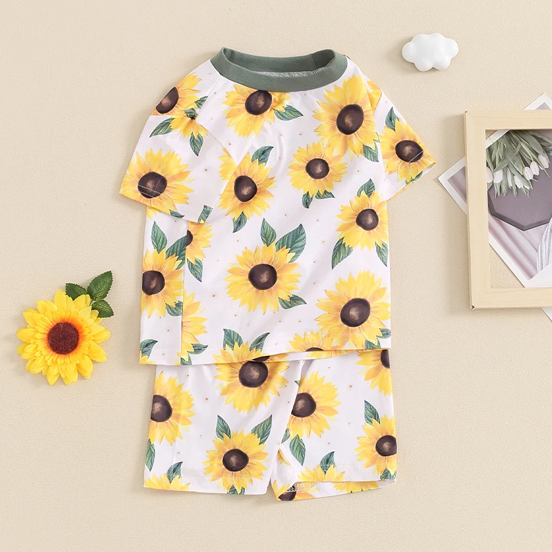 Summer Toddler Girl Sunflower Print Outfit Short Sleeve T-shirt Top Casual Shorts Trendy Baby Clothing Set